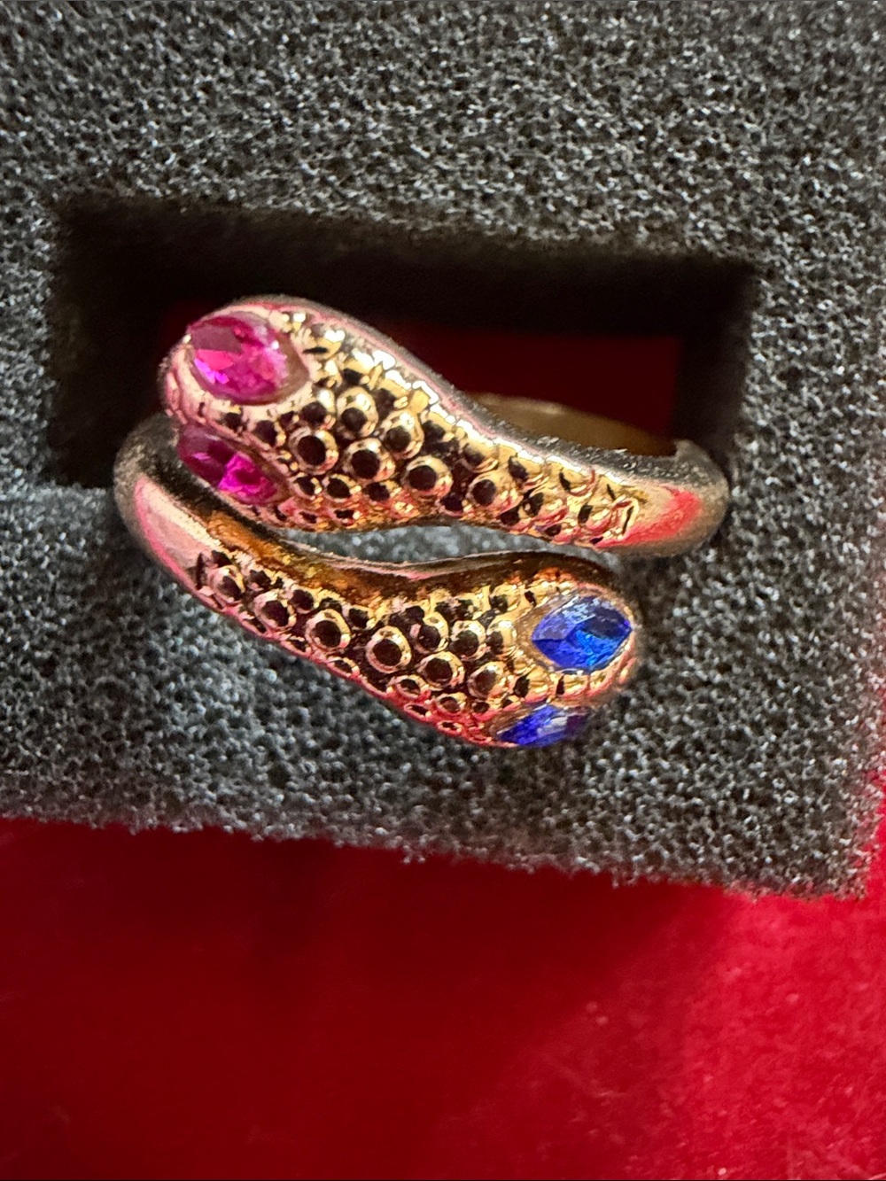 Gold Tone Snake Wrap Ring with Pink and Blue Accents, SZ 7, (J296)